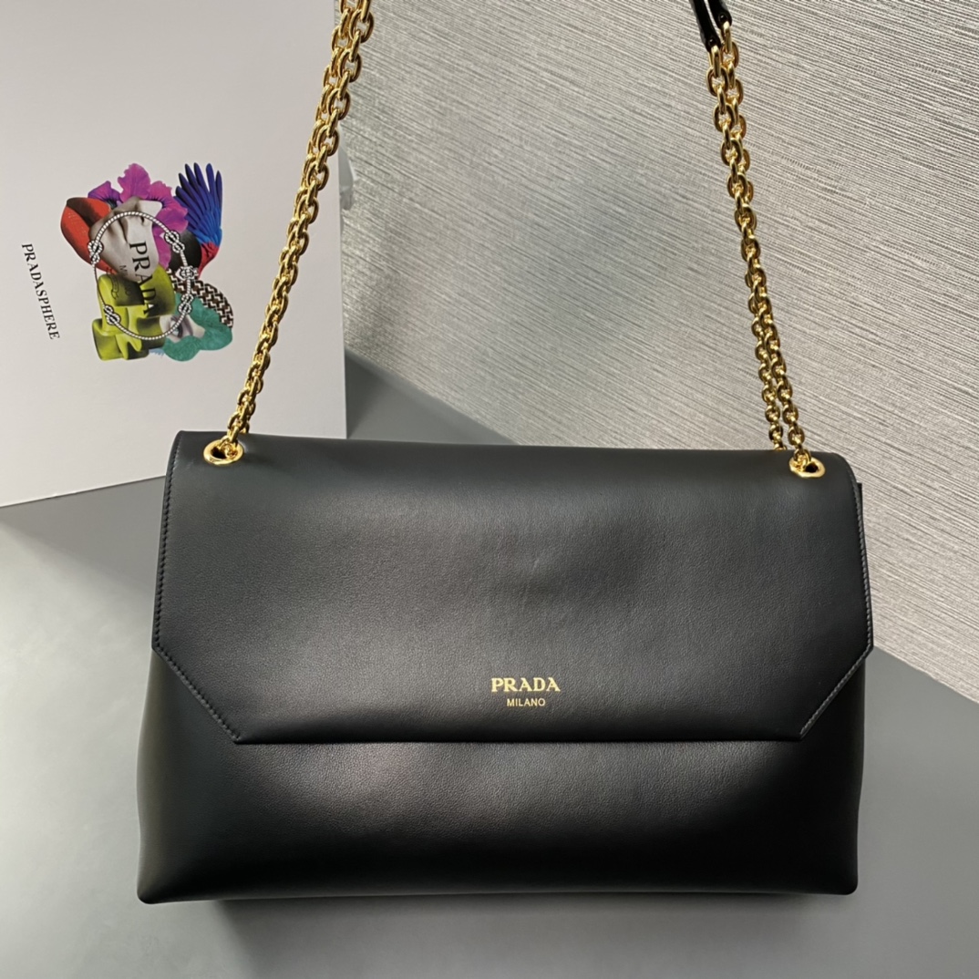 Prada Large Leather Shoulder Bag Handbag Black 1BD368